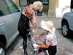 These two mess lovers are gonna get fucked up mess-nasty as they've got plenty of whipped cream and syrups and whatever else they can find, and it's going all over their clothes, faces, hair, car, and of course trashing up the square itself!video